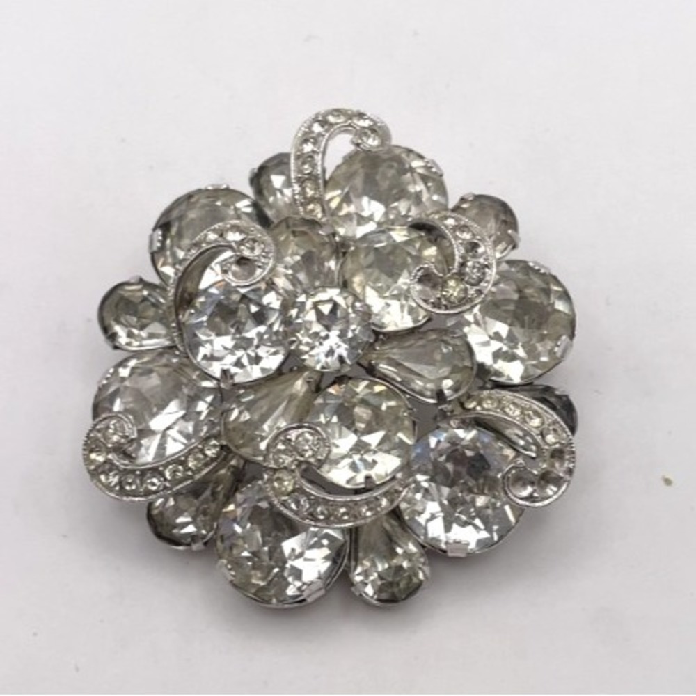 Vintage Eisenberg Clear Rhinestone Layered Round Brooch READ Missing Stones